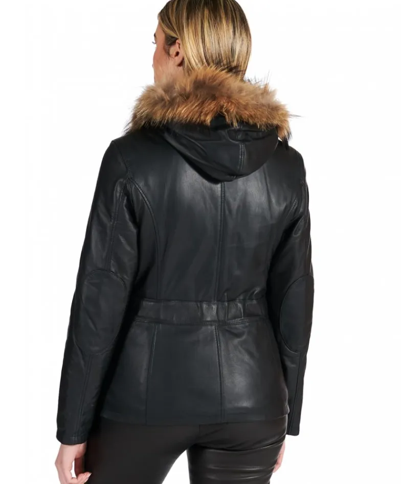 Donna D'Arienzo 627 - Parka in pelle nera con cappuccio in pelliccia effetto liscio