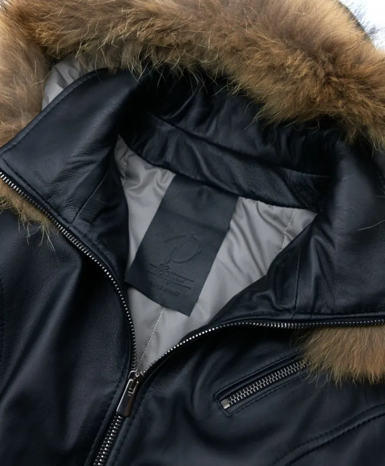 Donna D'Arienzo 627 - Parka in pelle nera con cappuccio in pelliccia effetto liscio