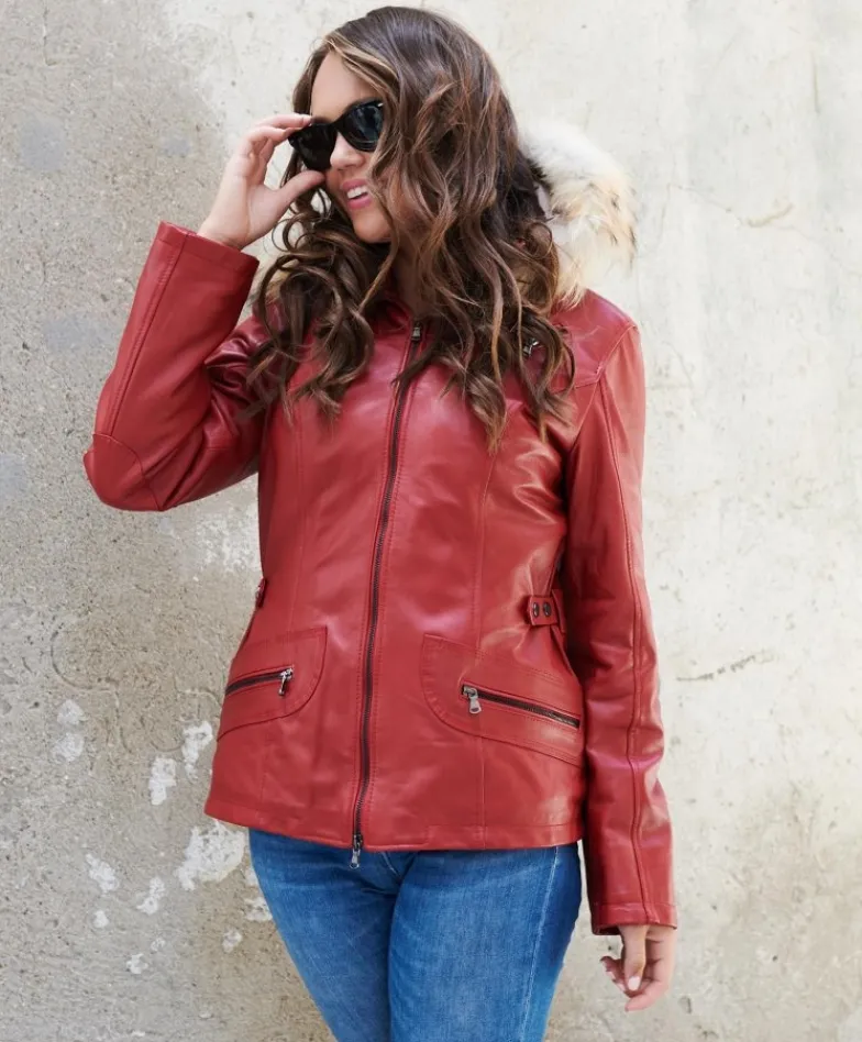 Donna D'Arienzo 627 - Parka in pelle rossa con cappuccio in pelliccia effetto liscio