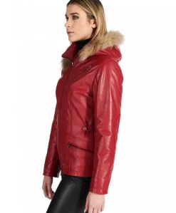 Donna D'Arienzo 627 - Parka in pelle rossa con cappuccio in pelliccia effetto liscio