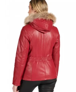 Donna D'Arienzo 627 - Parka in pelle rossa con cappuccio in pelliccia effetto liscio