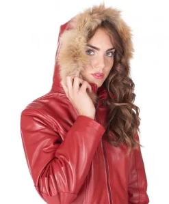 Donna D'Arienzo 627 - Parka in pelle rossa con cappuccio in pelliccia effetto liscio