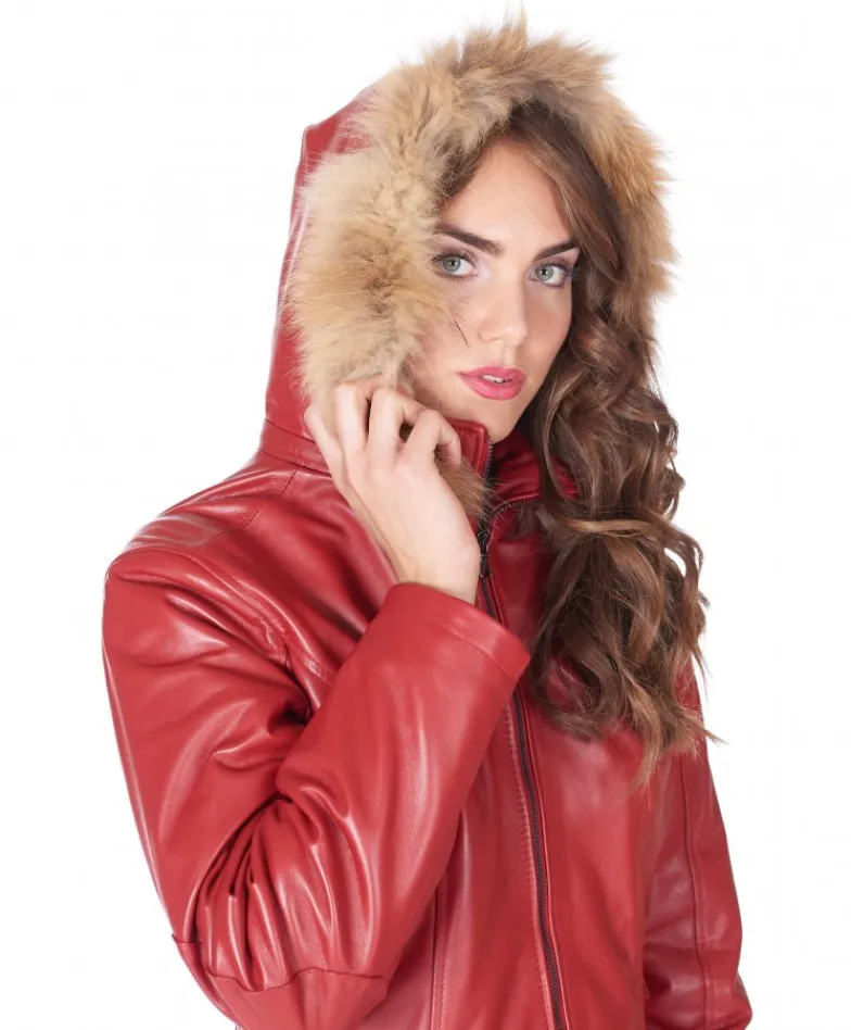 Donna D'Arienzo 627 - Parka in pelle rossa con cappuccio in pelliccia effetto liscio