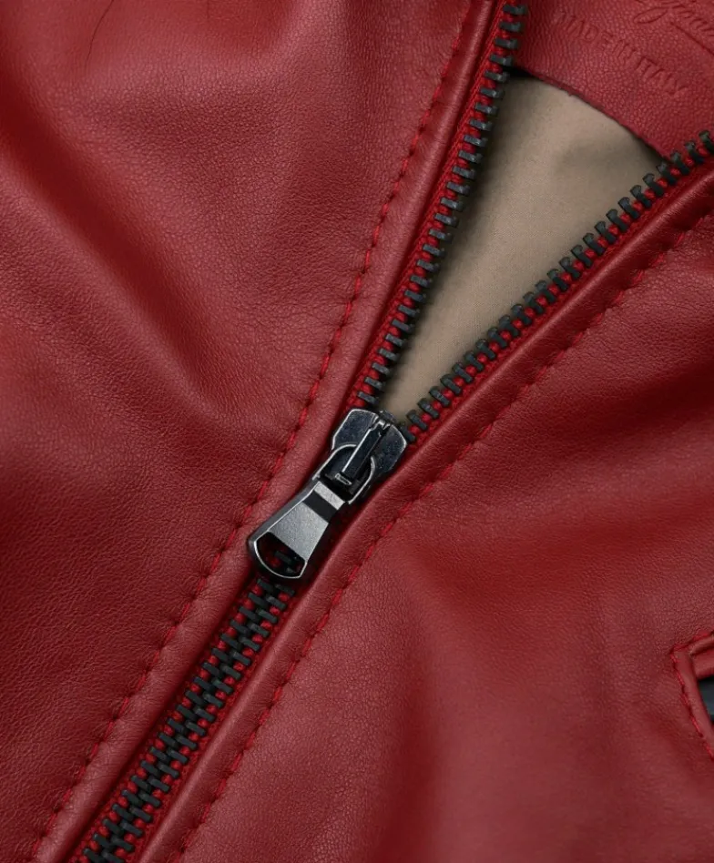 Donna D'Arienzo 627 - Parka in pelle rossa con cappuccio in pelliccia effetto liscio