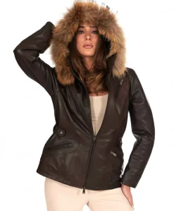 Donna D'Arienzo 627 - Parka in pelle testa di moro con cappuccio in pelliccia effetto liscio