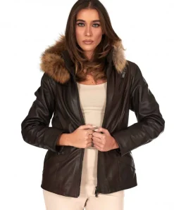 Donna D'Arienzo 627 - Parka in pelle testa di moro con cappuccio in pelliccia effetto liscio