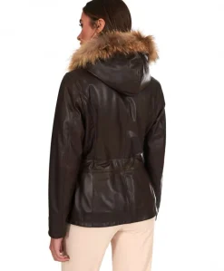 Donna D'Arienzo 627 - Parka in pelle testa di moro con cappuccio in pelliccia effetto liscio
