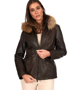 Donna D'Arienzo 627 - Parka in pelle testa di moro con cappuccio in pelliccia effetto liscio