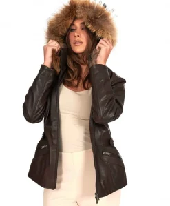 Donna D'Arienzo 627 - Parka in pelle testa di moro con cappuccio in pelliccia effetto liscio