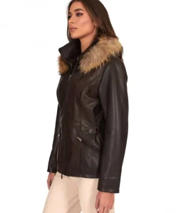 Donna D'Arienzo 627 - Parka in pelle testa di moro con cappuccio in pelliccia effetto liscio