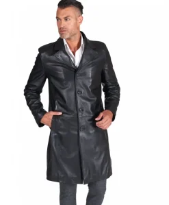 Uomo D'Arienzo 032 matrix - Cappotto in pelle nera lungo stile matrix nappa effetto liscio