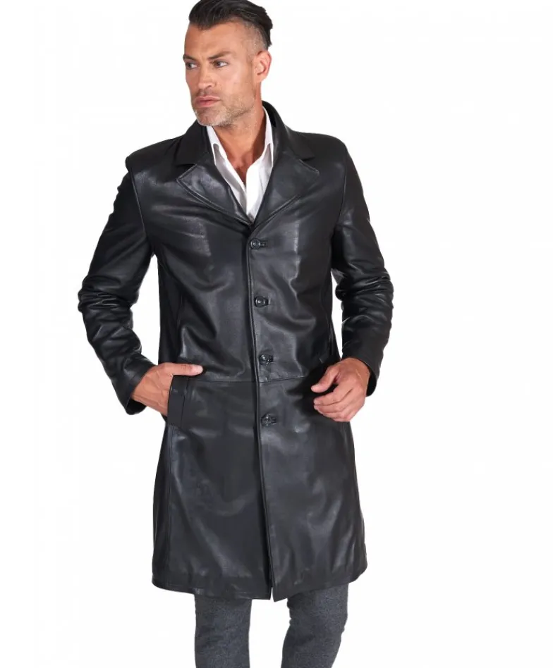 Uomo D'Arienzo 032 matrix - Cappotto in pelle nera lungo stile matrix nappa effetto liscio