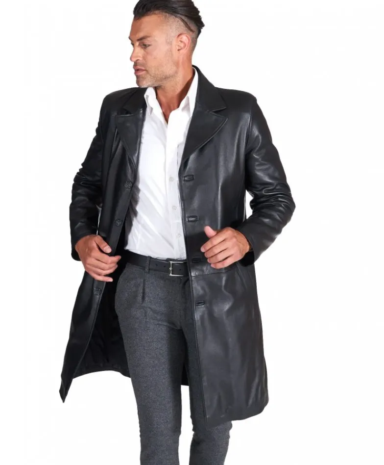 Uomo D'Arienzo 032 matrix - Cappotto in pelle nera lungo stile matrix nappa effetto liscio