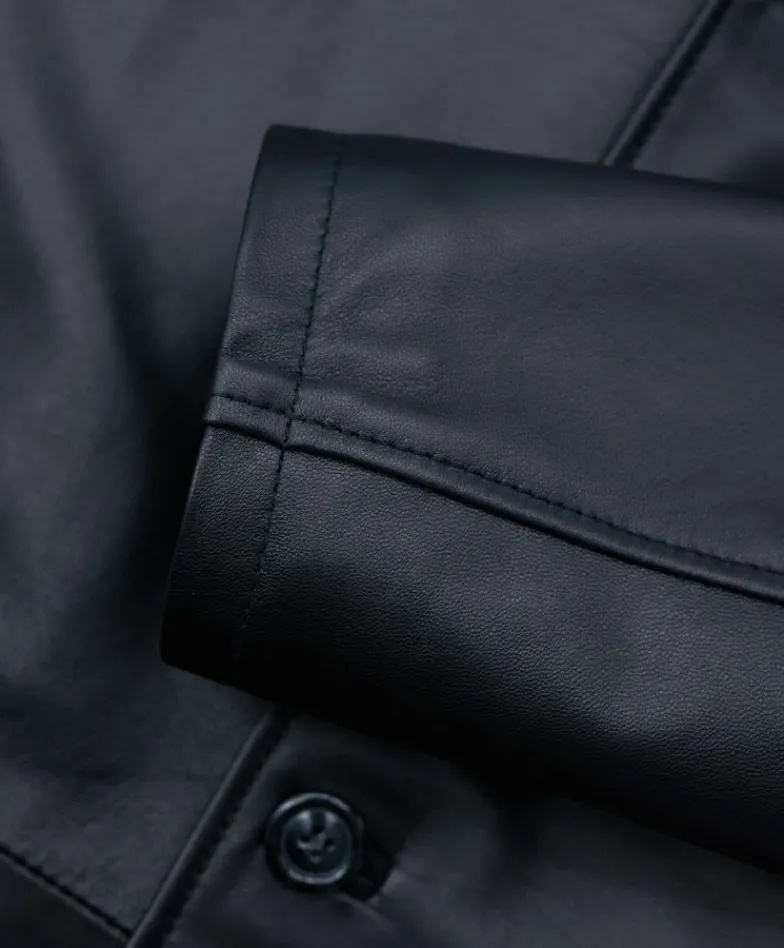 Uomo D'Arienzo 032 matrix - Cappotto in pelle nera lungo stile matrix nappa effetto liscio
