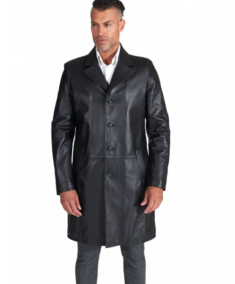 Uomo D'Arienzo 032 matrix - Cappotto in pelle nera lungo stile matrix nappa effetto liscio