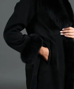 Donna D'Arienzo Ada - Cappotto in montone scamosciato nero con bordi in volpe
