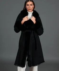 Donna D'Arienzo Ada - Cappotto in montone scamosciato nero con bordi in volpe