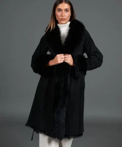 Donna D'Arienzo Ada - Cappotto in montone scamosciato nero con bordi in volpe