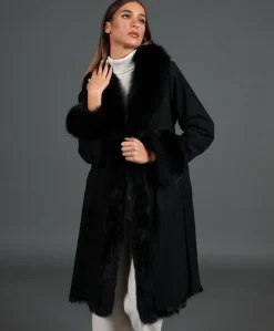 Donna D'Arienzo Ada - Cappotto in montone scamosciato nero con bordi in volpe