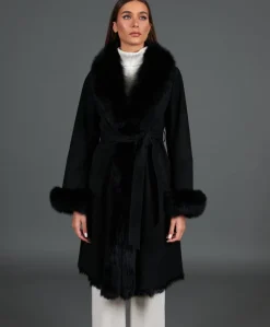 Donna D'Arienzo Ada - Cappotto in montone scamosciato nero con bordi in volpe