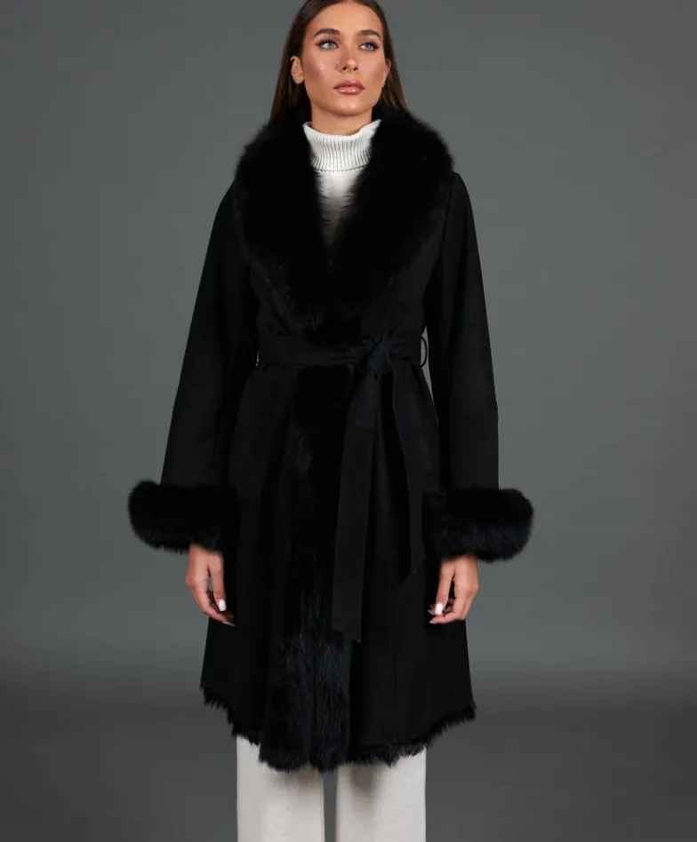 Donna D'Arienzo Ada - Cappotto in montone scamosciato nero con bordi in volpe