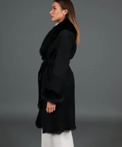 Donna D'Arienzo Ada - Cappotto in montone scamosciato nero con bordi in volpe