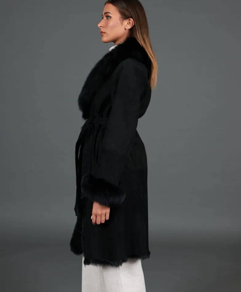Donna D'Arienzo Ada - Cappotto in montone scamosciato nero con bordi in volpe