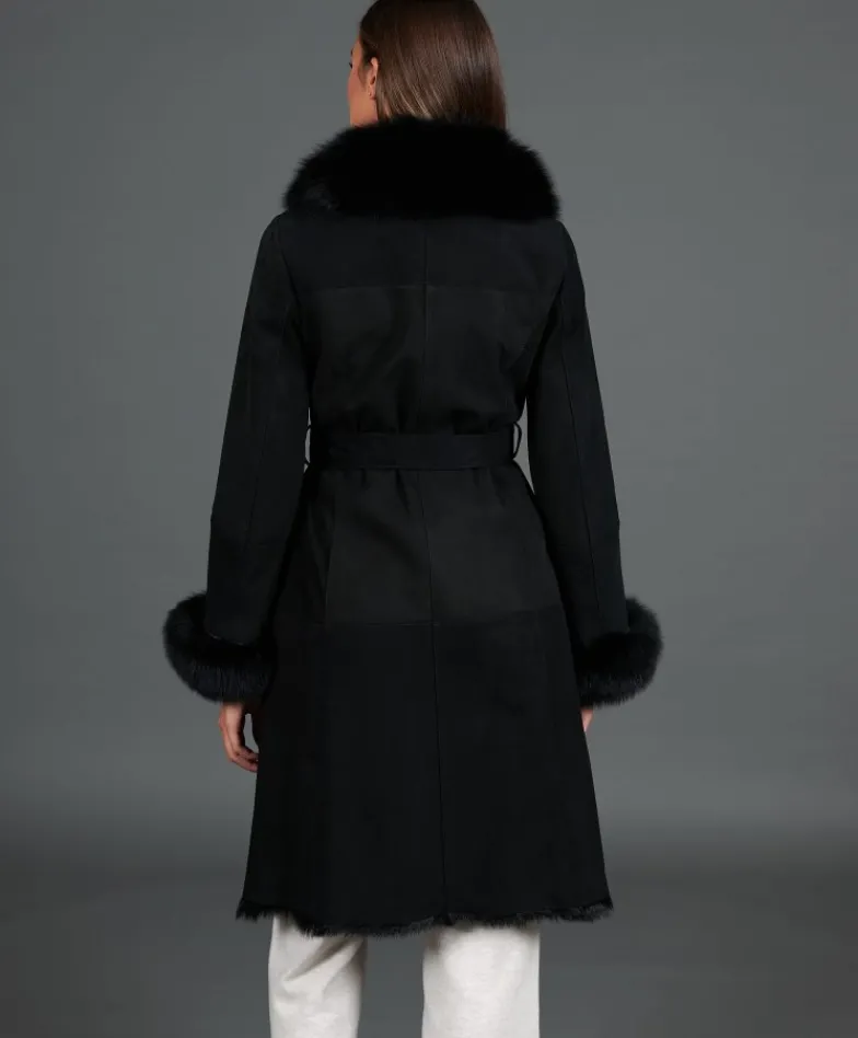 Donna D'Arienzo Ada - Cappotto in montone scamosciato nero con bordi in volpe