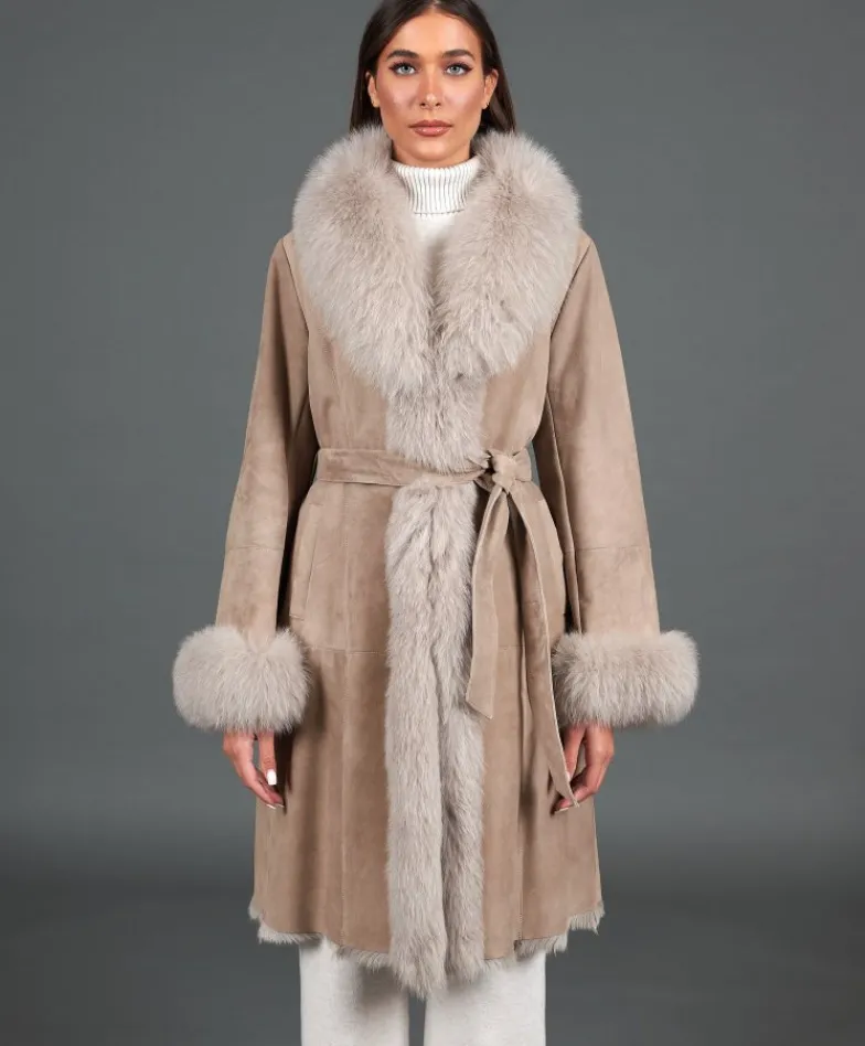 Donna D'Arienzo Ada - Cappotto in montone scamosciato beige con bordi in volpe