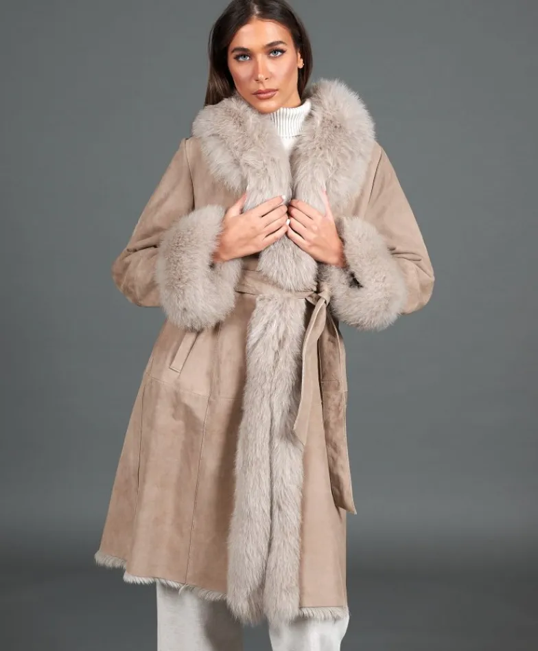 Donna D'Arienzo Ada - Cappotto in montone scamosciato beige con bordi in volpe