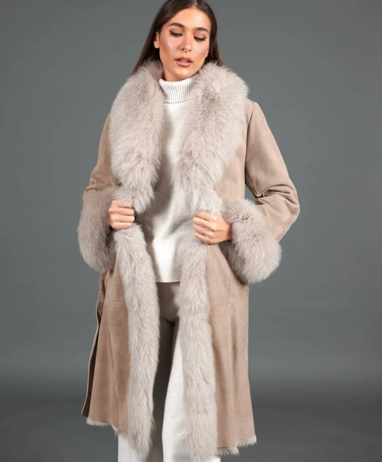 Donna D'Arienzo Ada - Cappotto in montone scamosciato beige con bordi in volpe