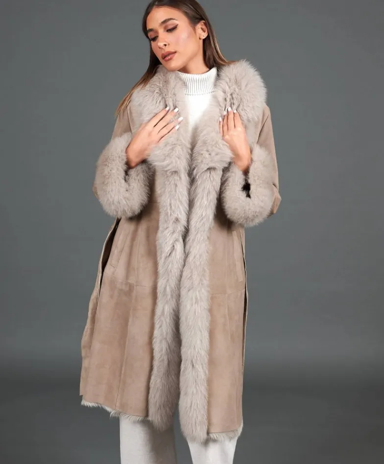 Donna D'Arienzo Ada - Cappotto in montone scamosciato beige con bordi in volpe