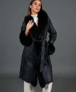 Donna D'Arienzo Ada - Cappotto in pelliccia di lapin nappato nero con collo in volpe