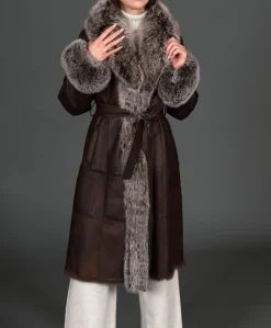 Donna D'Arienzo Ada - Cappotto in pelliccia di lapin nappato marrone con collo in volpe brinata
