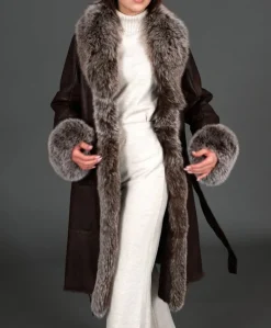 Donna D'Arienzo Ada - Cappotto in pelliccia di lapin nappato marrone con collo in volpe brinata