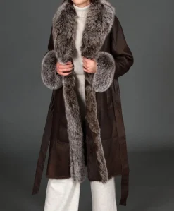 Donna D'Arienzo Ada - Cappotto in pelliccia di lapin nappato marrone con collo in volpe brinata