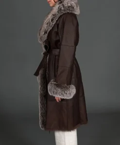 Donna D'Arienzo Ada - Cappotto in pelliccia di lapin nappato marrone con collo in volpe brinata