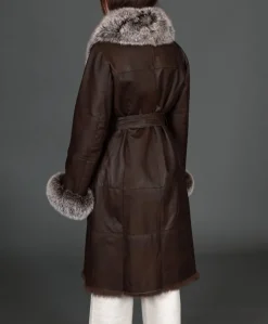 Donna D'Arienzo Ada - Cappotto in pelliccia di lapin nappato marrone con collo in volpe brinata