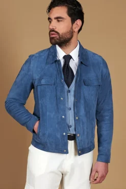 Uomo D'Arienzo Adam - Giacca pelle camoscio blu denim bottoni e collo camicia