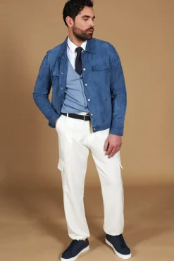 Uomo D'Arienzo Adam - Giacca pelle camoscio blu denim bottoni e collo camicia