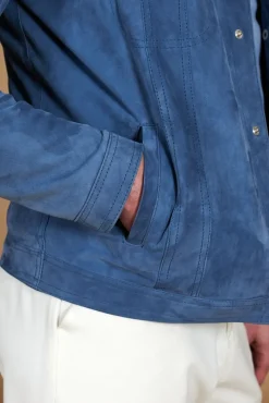 Uomo D'Arienzo Adam - Giacca pelle camoscio blu denim bottoni e collo camicia