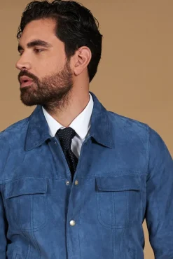 Uomo D'Arienzo Adam - Giacca pelle camoscio blu denim bottoni e collo camicia