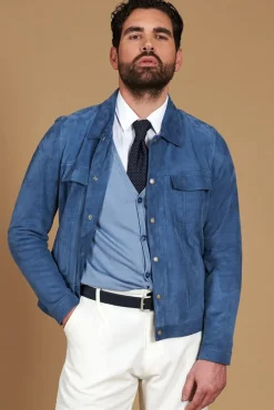 Uomo D'Arienzo Adam - Giacca pelle camoscio blu denim bottoni e collo camicia