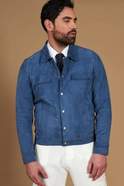 Uomo D'Arienzo Adam - Giacca pelle camoscio blu denim bottoni e collo camicia
