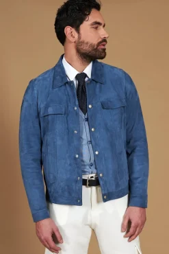 Uomo D'Arienzo Adam - Giacca pelle camoscio blu denim bottoni e collo camicia