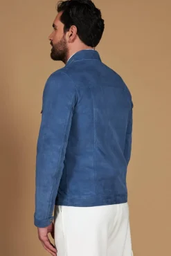 Uomo D'Arienzo Adam - Giacca pelle camoscio blu denim bottoni e collo camicia
