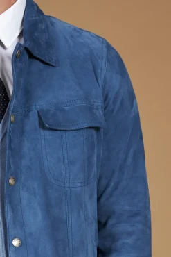 Uomo D'Arienzo Adam - Giacca pelle camoscio blu denim bottoni e collo camicia