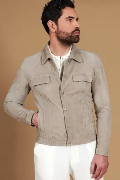 Uomo D'Arienzo Adam - Giacca sfoderata pelle camoscio grigio con colletto camicia