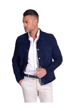 Uomo D'Arienzo Adam - Giacca sfoderata pelle camoscio blu con colletto camicia