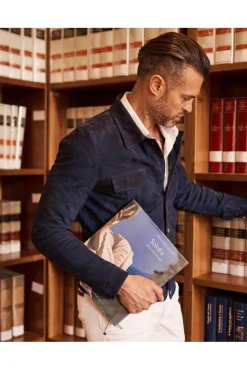 Uomo D'Arienzo Adam - Giacca sfoderata pelle camoscio blu con colletto camicia